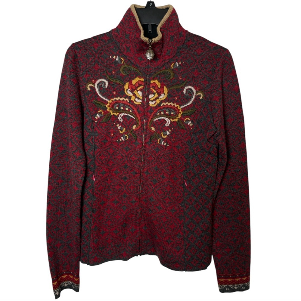 Icelandic Design Womens Medium Red Wool Blend Embroidered Zip Cardigan Sweater